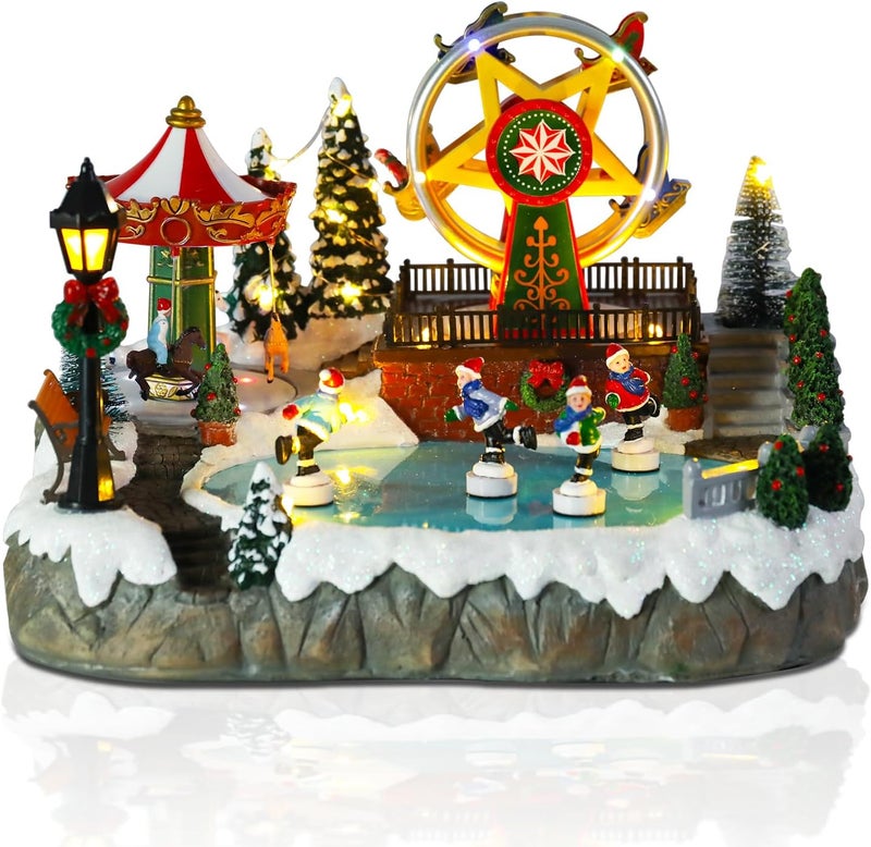 CHONSUN Christmas Village House Musical Christmas Collectible Buildings Amusement Park Carousel Skating Ferris Wheel with LED Lights Vacation Village with USB Indoor Figurines Xmas Decoration - Image 1